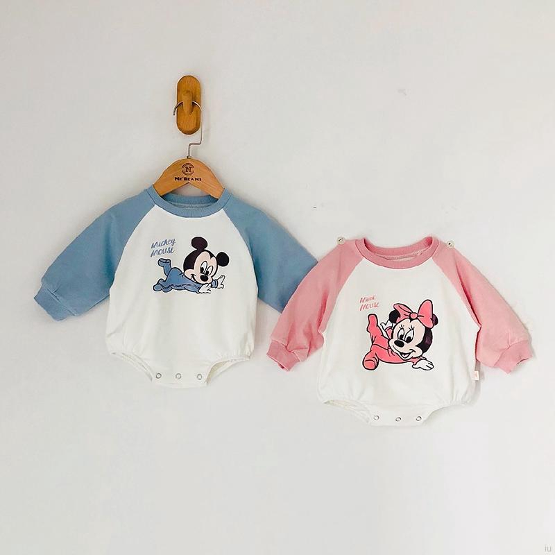 Bộ Áo Liền Quần Dài Tay In Hình Chuột Mickey Đáng Yêu Cho Bé