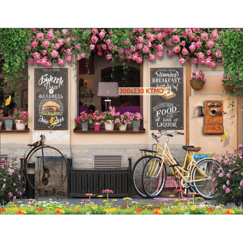 tranh dán quán cafe trà sữa 3D dán tường in Vải Lụa