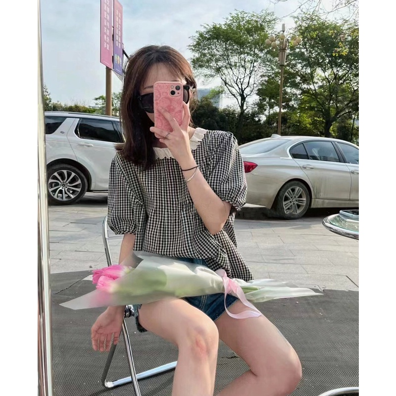 Hàng Mới Về Áo Sơ Mi Caro Tay Ngắn Dáng Rộng Phong Cách Hàn Quốc Cho Nữ