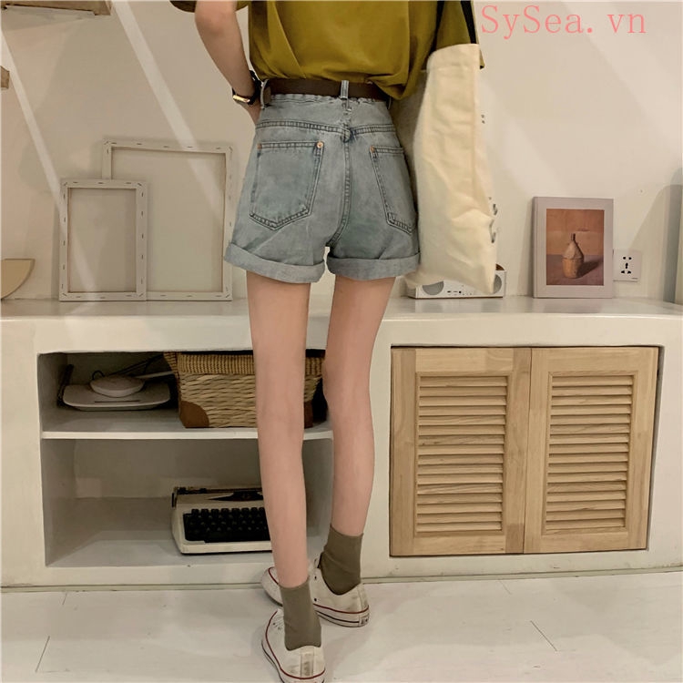 Quần Ngắn Denim Ống Rộng Cạp Cao Phong Cách Hàn Quốc Cho Nữ