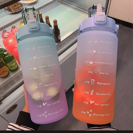 Bình đựng nước 2l có vạch báo thời gian uống nước có ống hút, tặng kèm Sticker dán dễ thương
