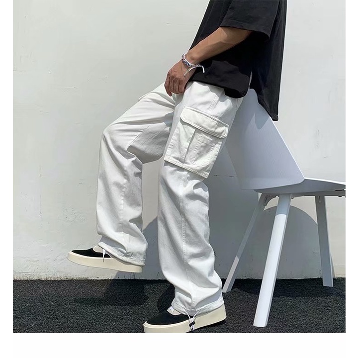 Quần Dài Thể Thao Màu Trơn Dáng Rộng Có Túi Trắng/Đen Thời Trang Cho Nam Size S-3XL