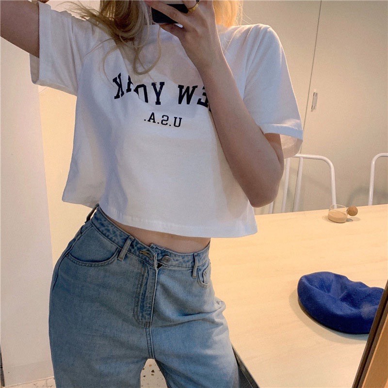 Áo thun nữ Croptop in chữ NEWYORK siêu đẹp, form rộng, chất vải cotton dày dặn co giãn 4 chiều, thấm hút mồ hôi siêu mát