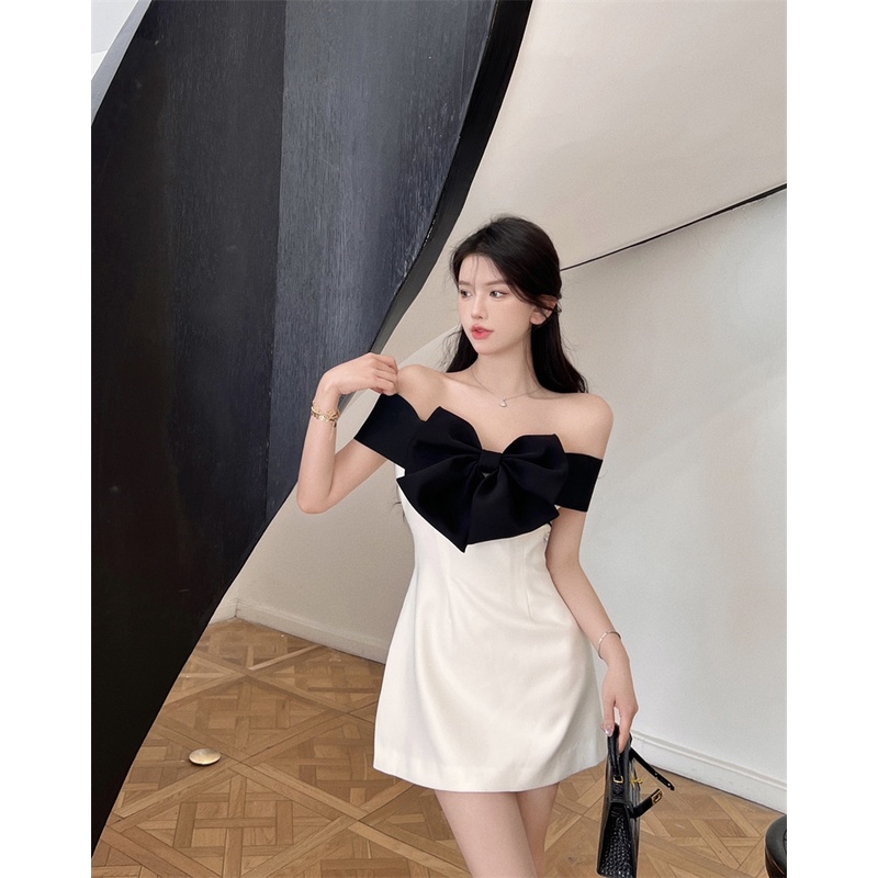 Đầm Váy Thiết Kế Trễ Vai Màu Kết Hợp Đen Trắng Chữ A Có Nơ Trước Ngực Phong Cách Hàn Quốc Phù Hợp Đi Tiệc Cưới Du Lịch | BigBuy360 - bigbuy360.vn