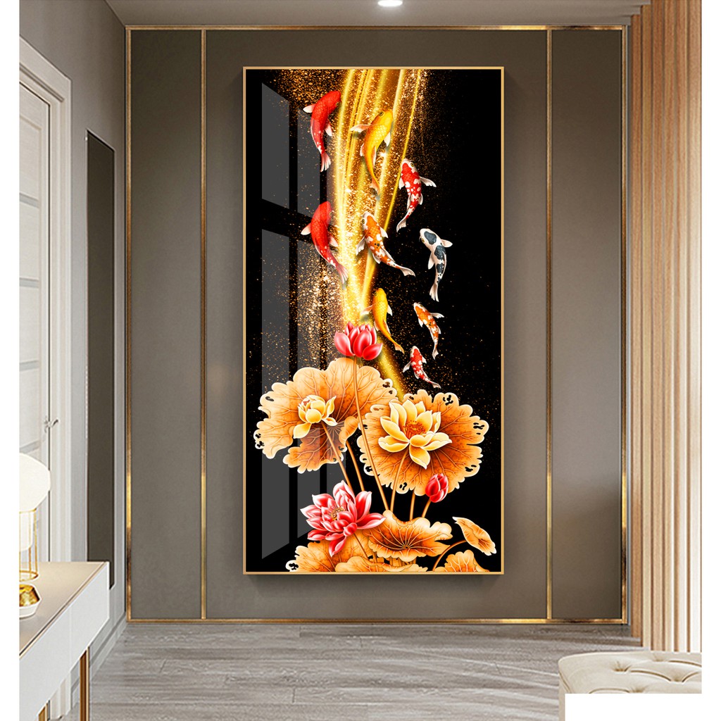 Tranh treo tường hiện đại phong thủy hoa sen cá chép chất liệu bóng kính hoặc vải canvas chin ca 120x240 cm 5-9-2020