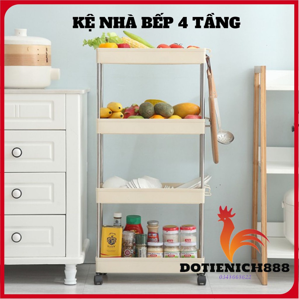 Kệ để đồ nhà bếp, kệ nhà tắm 4 tầng đa năng tiện dụng kệ có bánh xe