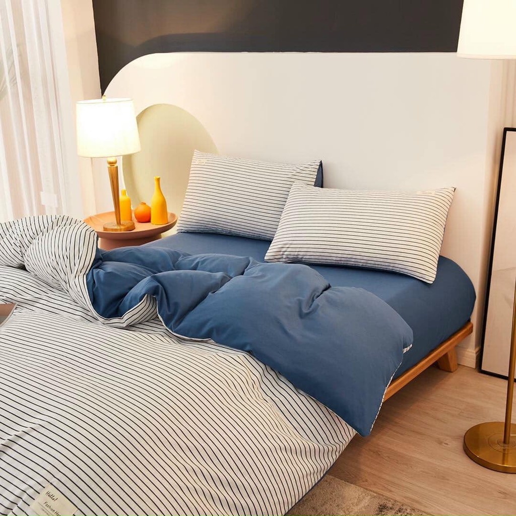 Full Set Bộ Ga giường Tici Cotton Chần Bông Sọc Trắng Xanh Phối ((m2x2m - m8x2m))