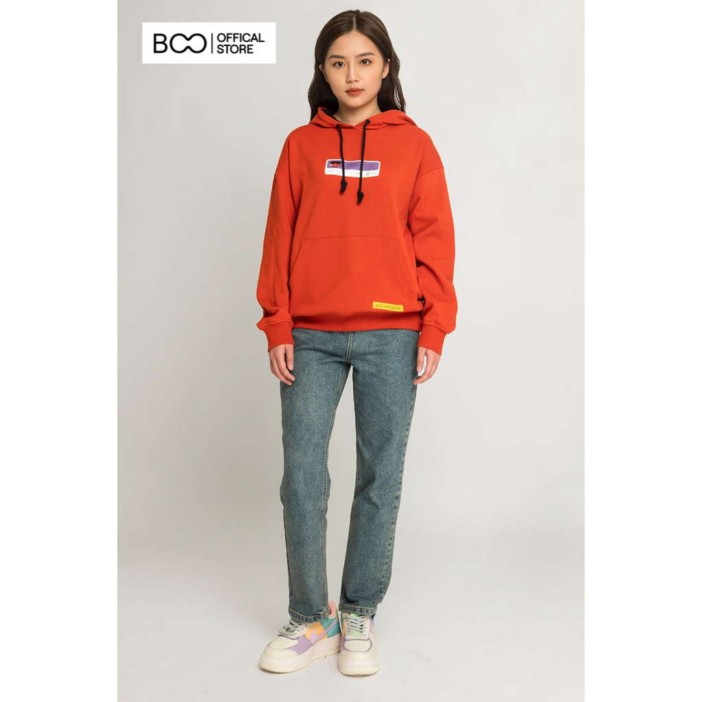 Áo Hoodie Nỉ Có Mũ Nữ BOO Dáng Rộng In Hình Moodvisual Tinh Nghịch Màu Cam