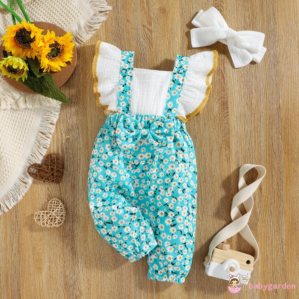Bộ áo liền quần cổ vuông họa tiết hoa cúc kèm băng đô cho bé gái 0-18 tháng tuổi