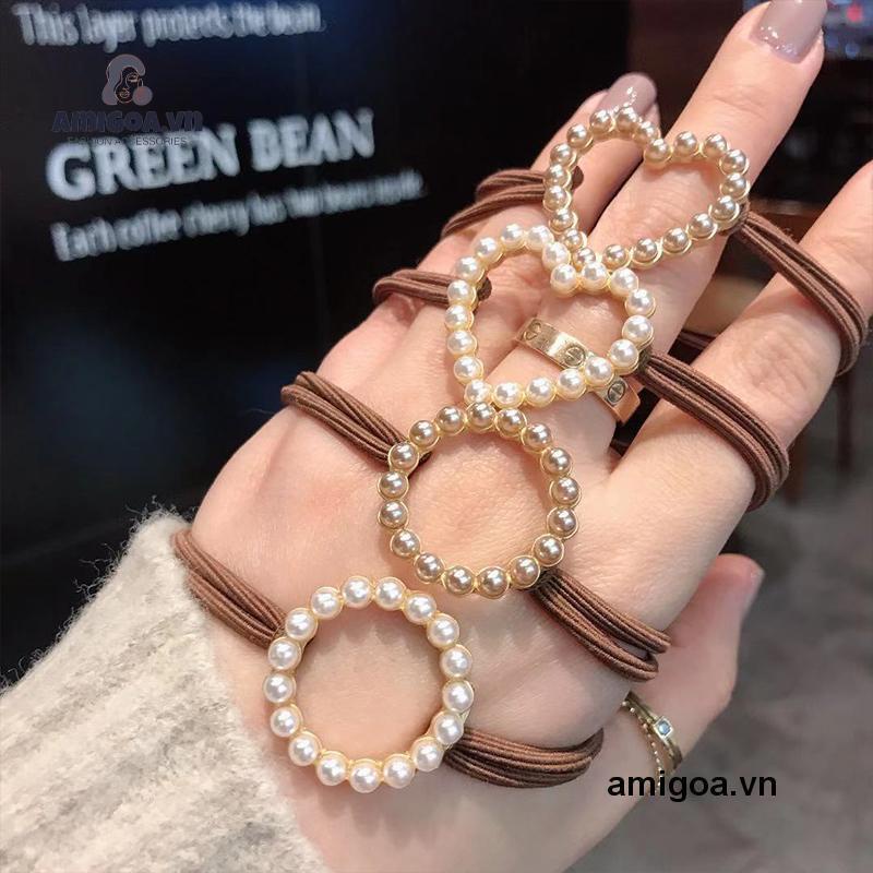 ✨✨Dây buộc tóc cao su đính ngọc trai hình trái tim phong cách Hàn Quốc