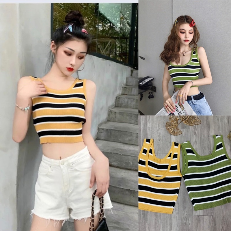 Áo len nữ ba lỗ croptop kẻ ngang 2 màu hàng Quảng Châu
