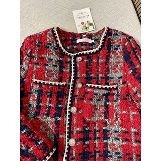 (SẴN) Áo dạ tweed đỏ viền