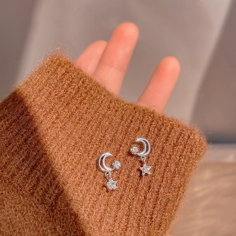 Bông tai chuôi bạc 925 hình ngôi sao / mặt trăng đính đá zircon đơn giản thời trang cho nữ