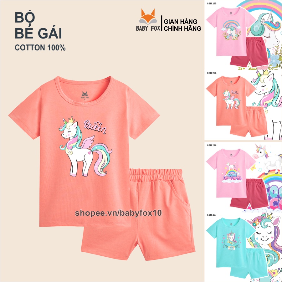 Bộ thun bé gái 100% cotton cao cấp, thương hiệu BABY FOX, in hình Unicon, size nhỏ, trung, đại i