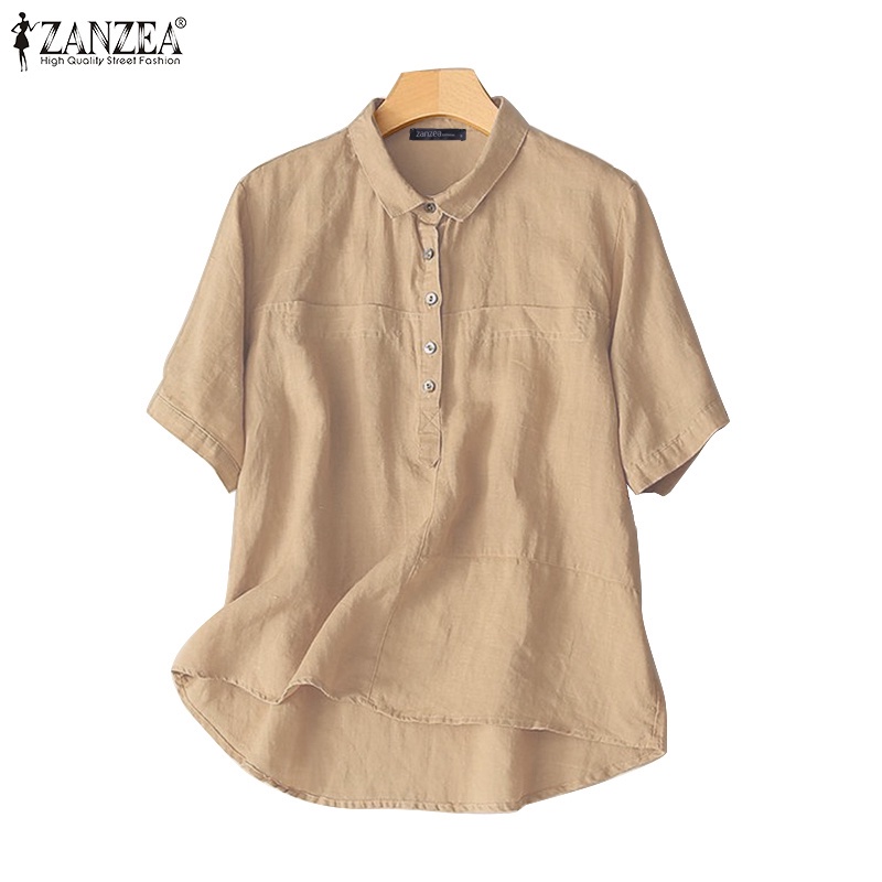 Áo ZANZEA màu trơn tay ngắn cổ tròn cài nút phía trước thời trang đơn giản dành cho nữ
