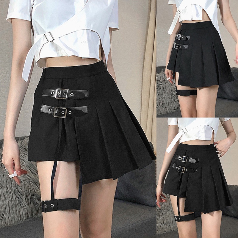 XIXI Chân váy ngắn mini màu đen lưng cao phối nịt bít tất phong cách Harajuku thời trang cho nữ