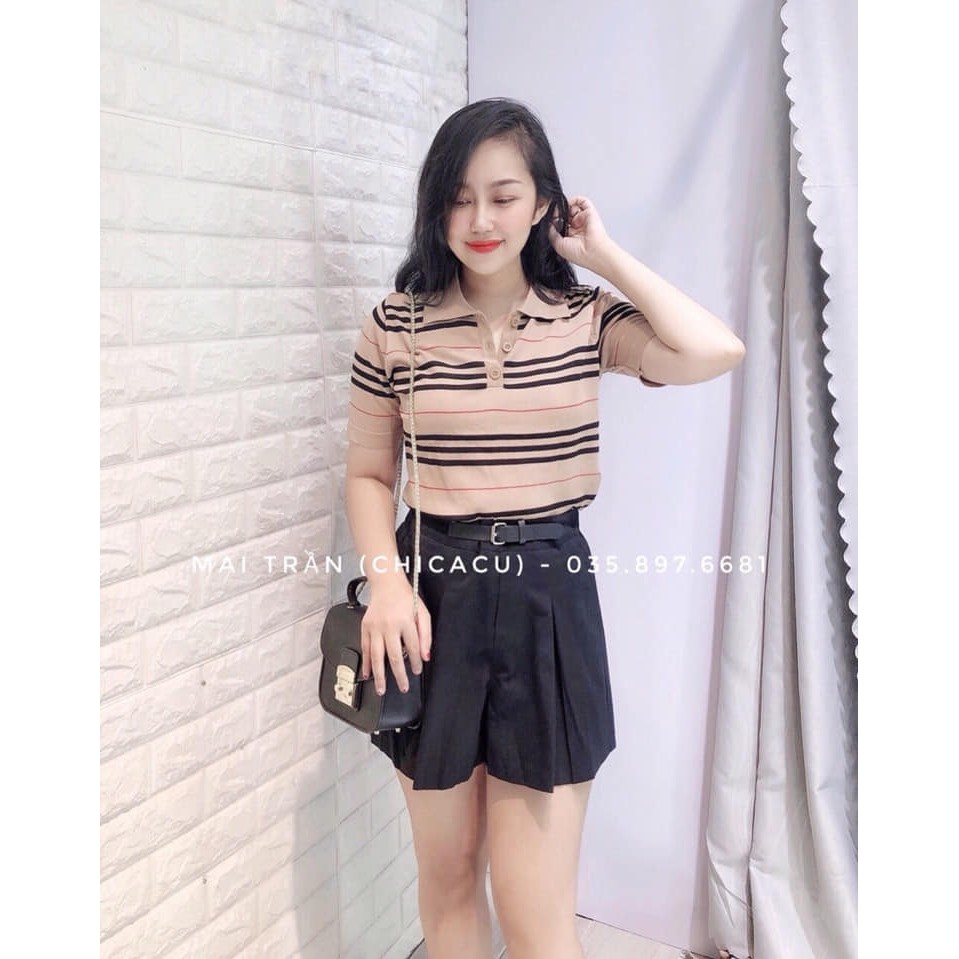 Áo kẻ Quảng châu pha sọc cổ bẻ cộc tay ( Mặc Nên Tôn Trắng Da )