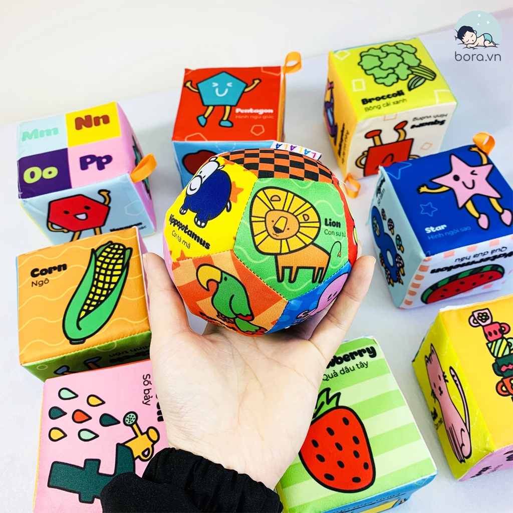 Bộ đồ chơi hình khối vải kèm bóng xúc xắc cho bé 0 - 24 tháng