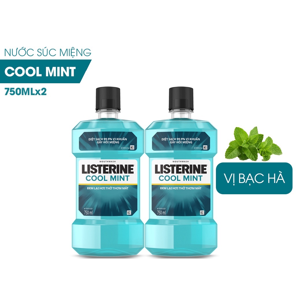 Combo 2 chai nước súc miệng diệt khuẩn giữ hơi thở thơm mát Listerine Cool Mint 750ml/chai