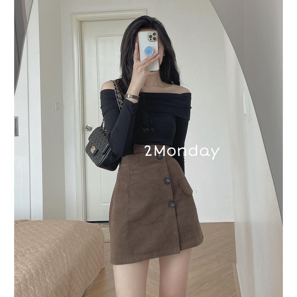 [Ảnh thật] Chân váy nhung cạp cao cúc lệch - Chân váy Quảng châu loại 1