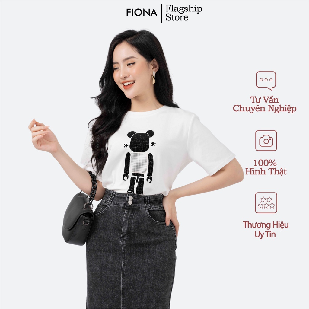 Áo phông nữ dáng suông cotton nữ rộng cổ tròn freesize họa tiết gấu lego FIONA C522007