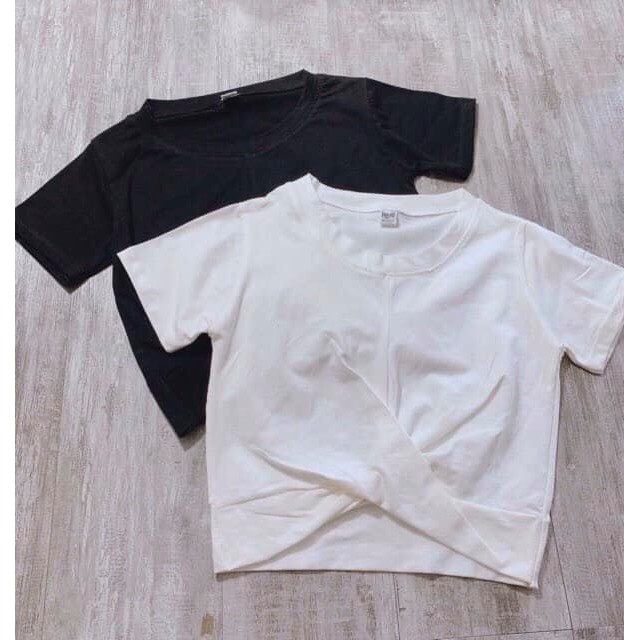 Áo Croptop Nữ Xoắn Eo Dáng Cộc Tay Cổ Tròn 2 Màu