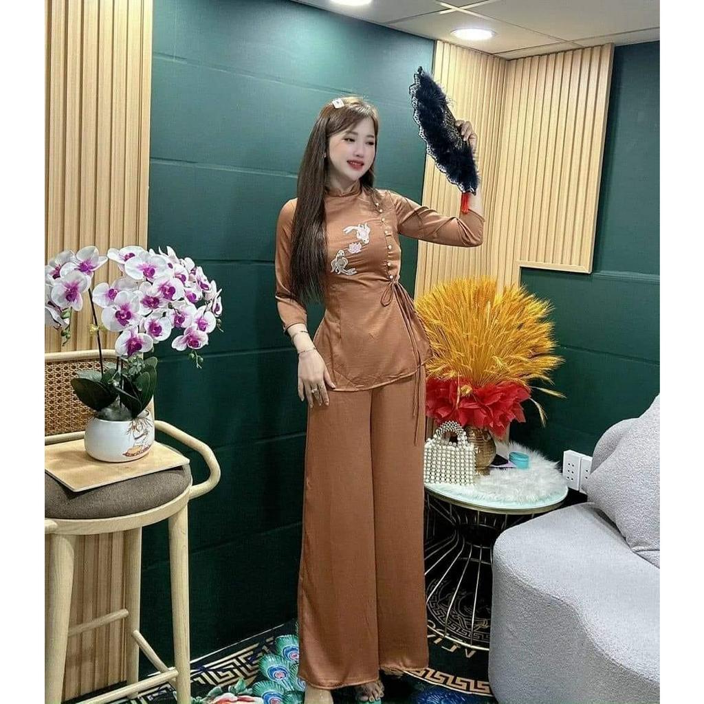 ĐỒ LAM ĐI CHÙA CHẤT LỤA NGỌC TRAI SET CÁ HOA SEN QUẦN ỐNG RỘNG 2 GANG TAY