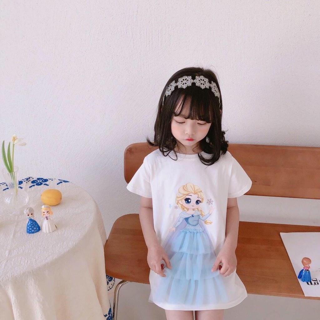 Áo phông in hoạ tiết công chúa kèm chân váy ren lưới gắn nổi cho bé gái 10-30kg (Cao từ 90-140cm) (N00746)