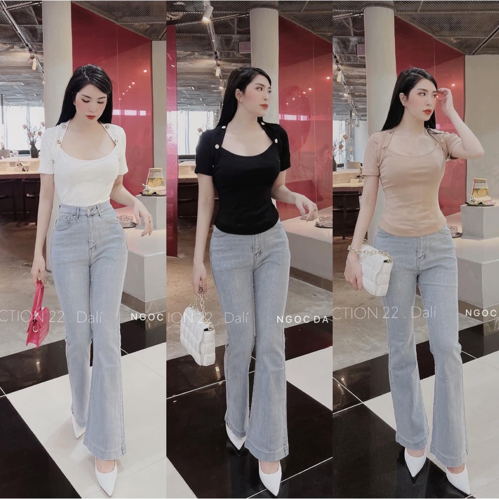 Áo thun cổ vuông khuy đồng cộc tay