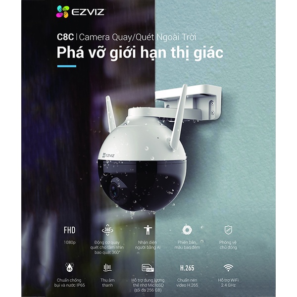 Camera ngoài trời Wifi EZVIZ C8C Full HD 1080P xoay 360 độ Tích hợp AI -Có màu ban đêm