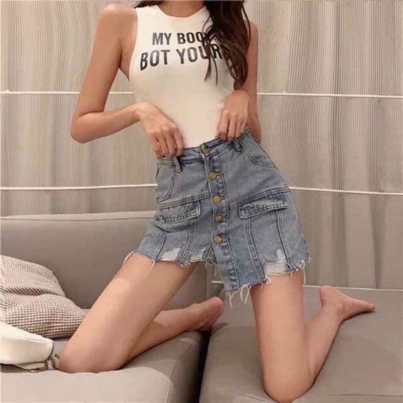 Quần jeans giả váy lệch tà vải cao cấp