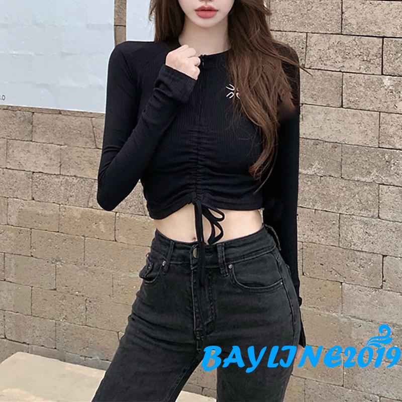 Áo thun lửng dài tay cổ tròn thời trang nữ tính