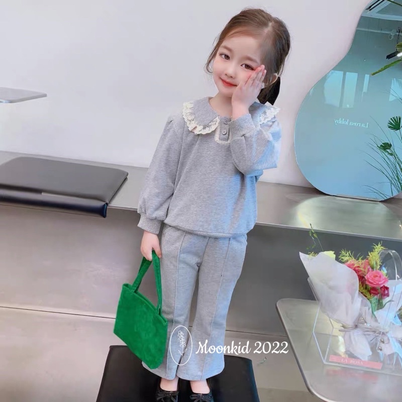 Set bộ quần áo da cá phối cổ ren cho bé gái