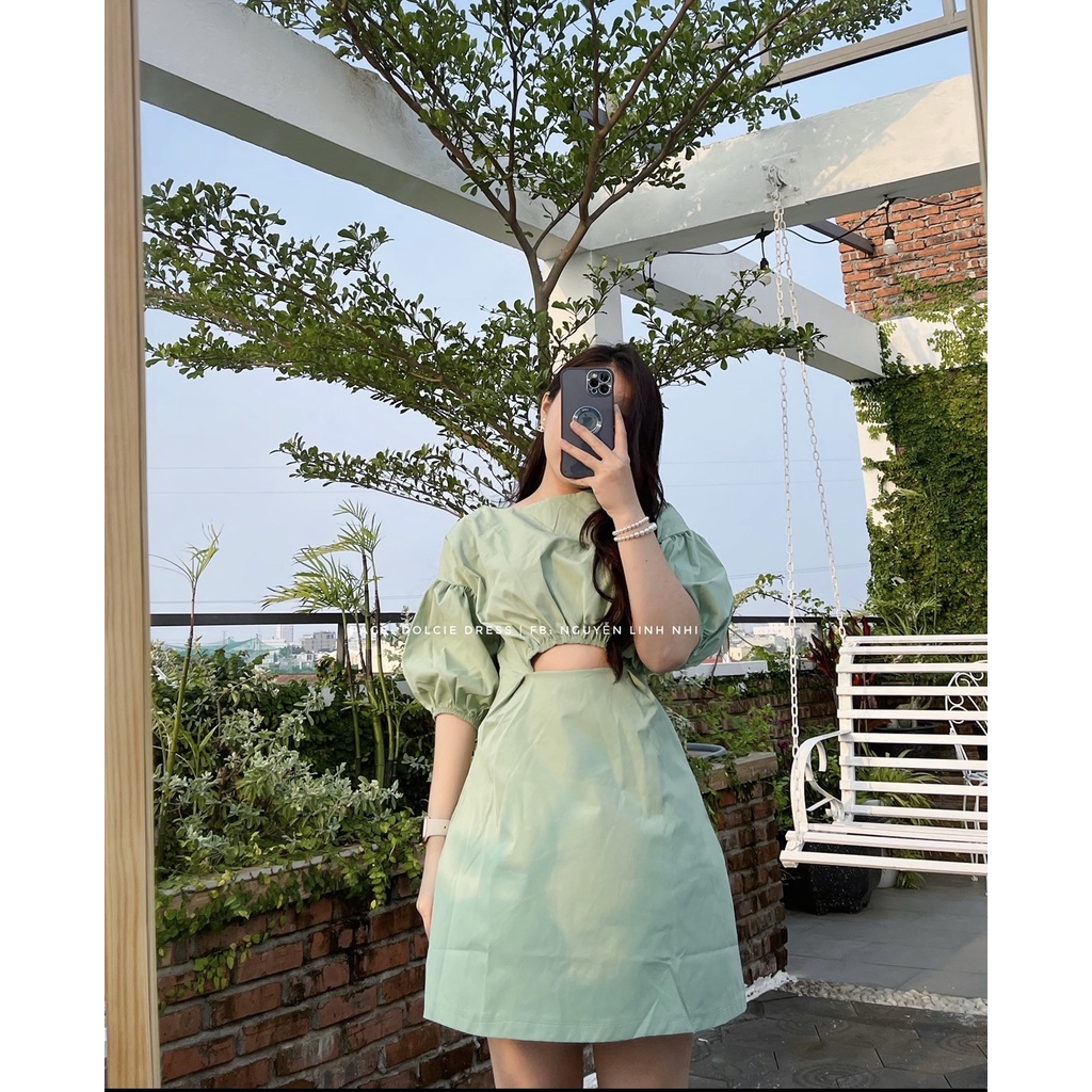Đầm hở eo hottrend màu xanh ngọc tôn da