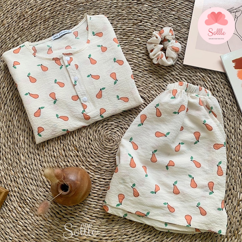 [Tặng cột tóc] Set bộ đồ ngủ pyjama cộc tay chất đũi xốp mát họa tiết cute đáng yêu Hàn Quốc Sollle