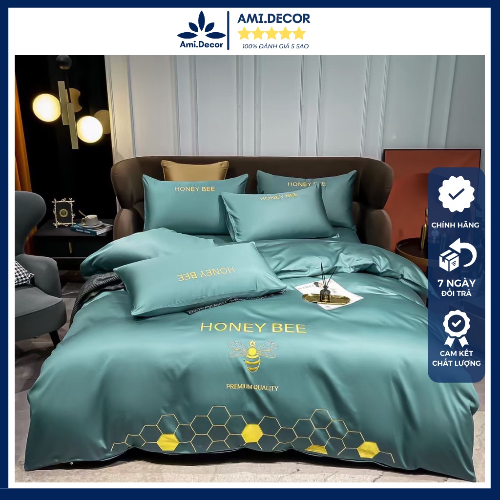 Bộ chăn ga lụa HONEY BEE hoạt tiết ong nhập khẩu cao cấp, chất lụa 80s mềm mịn không nhăn mát lạnh - Ami.Decor