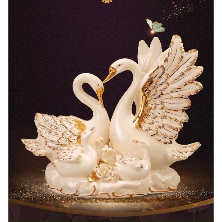 Bộ sản phẩm Decor gia đình thiên nga trắng phủ nhũ vàng