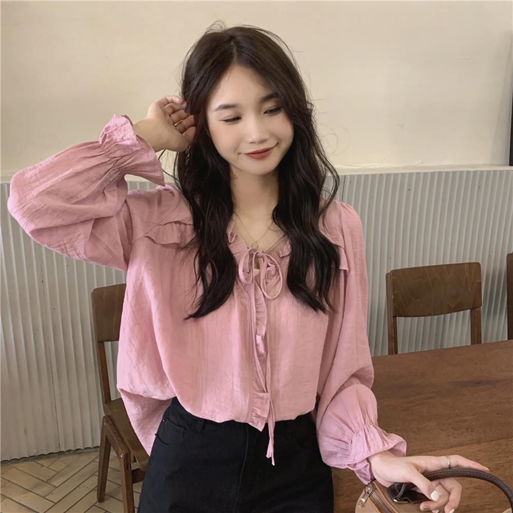 Áo Kiểu Tay Dài Cổ Chữ V Phối Ren Xếp Ly Thời Trang 50147