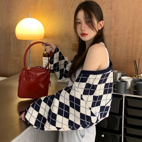 Porozi  Áo khoác cardigan kiêm khăn choàng dài họa tiết kim cương phong cách Hàn Quốc xinh xắn dành cho nữ