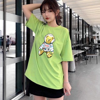 Áo thun tay lỡ nữ freesize phông form rộng dáng Unisex, mặc lớp, nhóm, cặp in hình GẤU PHG CHỮ BEAR màu xanh