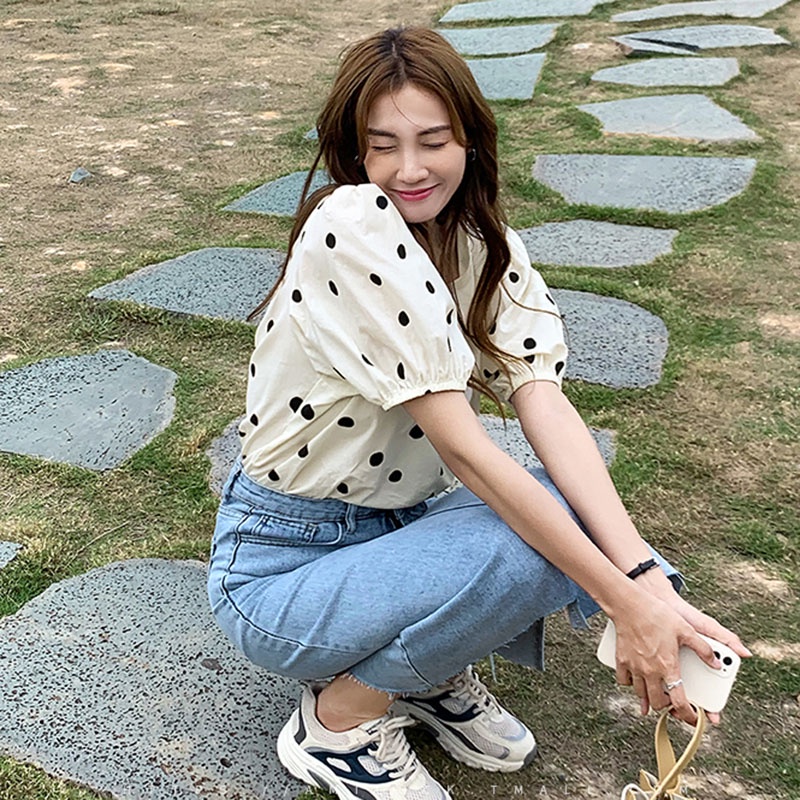 IELGY Áo Kiểu Tay Ngắn Họa Tiết Chấm Bi Dành Cho Nữ