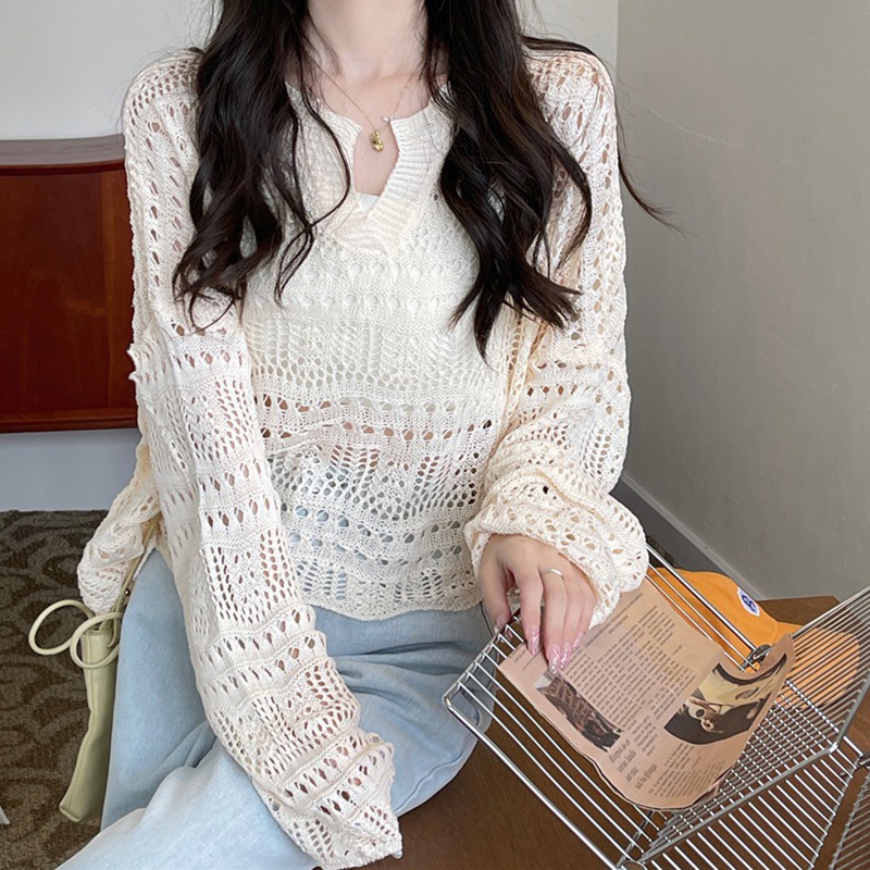 Áo Len Tay Dài Cổ Chữ V Màu Sắc Đơn Giản