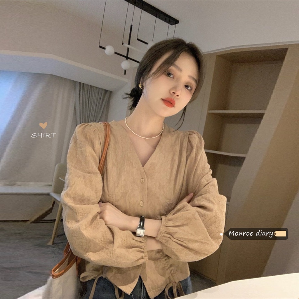 Áo sơ mi tay dài cổ chữ V thiết kế mới thời trang xinh xắn cho nữ