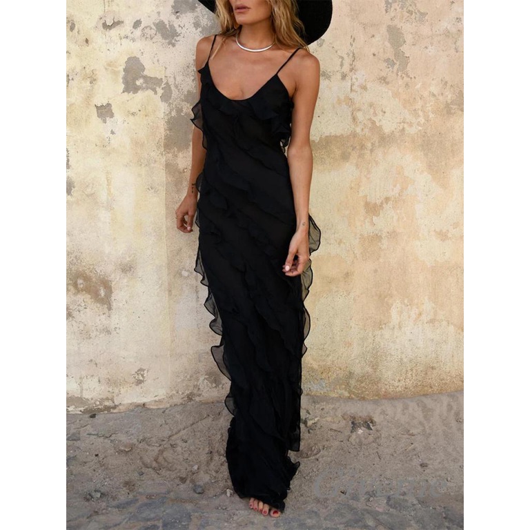 Đầm Dài Không Tay Màu Trơn Phối Bèo Nhún Thời Trang Dự Tiệc Cho Nữ