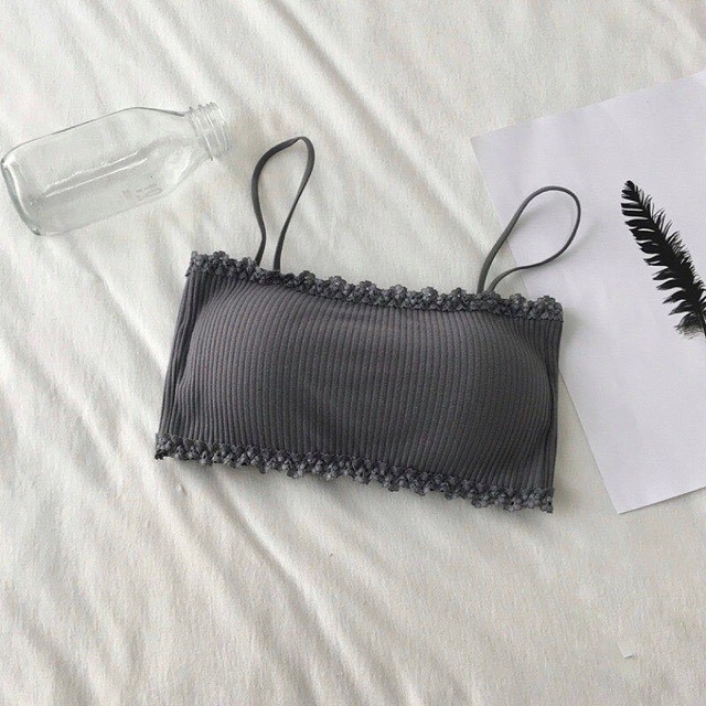 Áo Bra 2 Dây Gân Tăm Viền Ren - Áo Croptop Quây Ngực Co Giãn 4 Chiều
