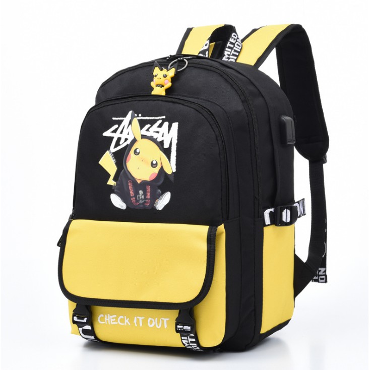 Balo nam nữ đi học thời trang Hót - Balo Pikachu hình dễ thương TẶNG móc khóa PIKACHU, cáp USB, Lỗ cáp tai nghe - BL130