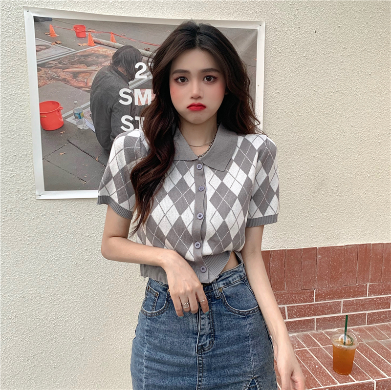 Áo dệt kim ngắn tay thời trang trẻ trung 172450Áo Cardigan dệt kim cổ polo thời trang mùa hè