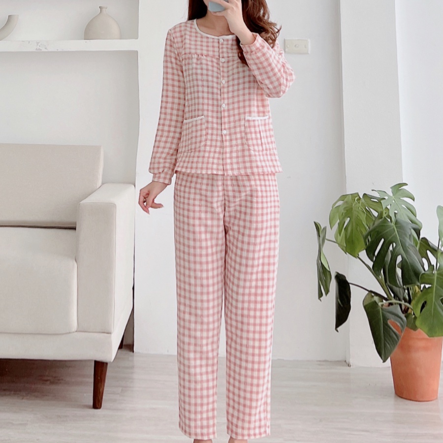 Đồ bộ nữ mặc nhà cao cấp họa tiết kẻ áo dài quần dài túi sẻ phối trắng chất vải thô hàn mềm Jane mã TK20