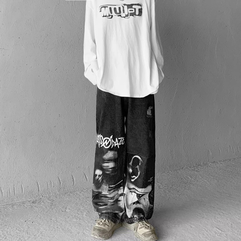 QUẦN JEANS ỐNG RỘNG NAM NỮ T-A-N DÁNG SUÔNG PHONG CÁCH HÀN QUỐC-QJi09-THỜI TRANG UNISEX-Full size hình in,màu đen