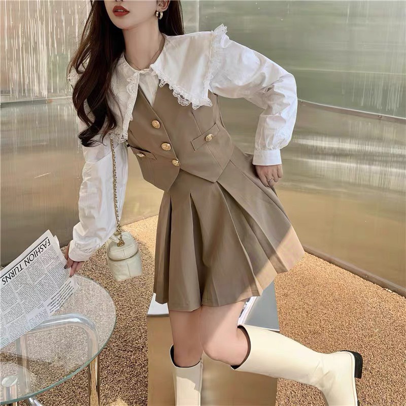 Set 3 chi tiết kaki 2 da, Áo sơ mi cổ ren, gile rời kèm chân váy xòe - Lymz Store